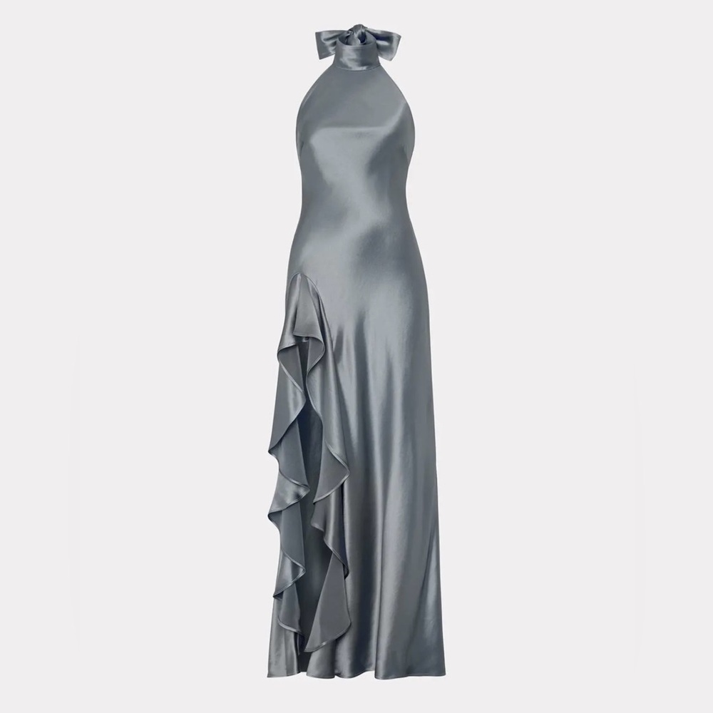 Milly Roux Hammered Satin Gown In Pewter